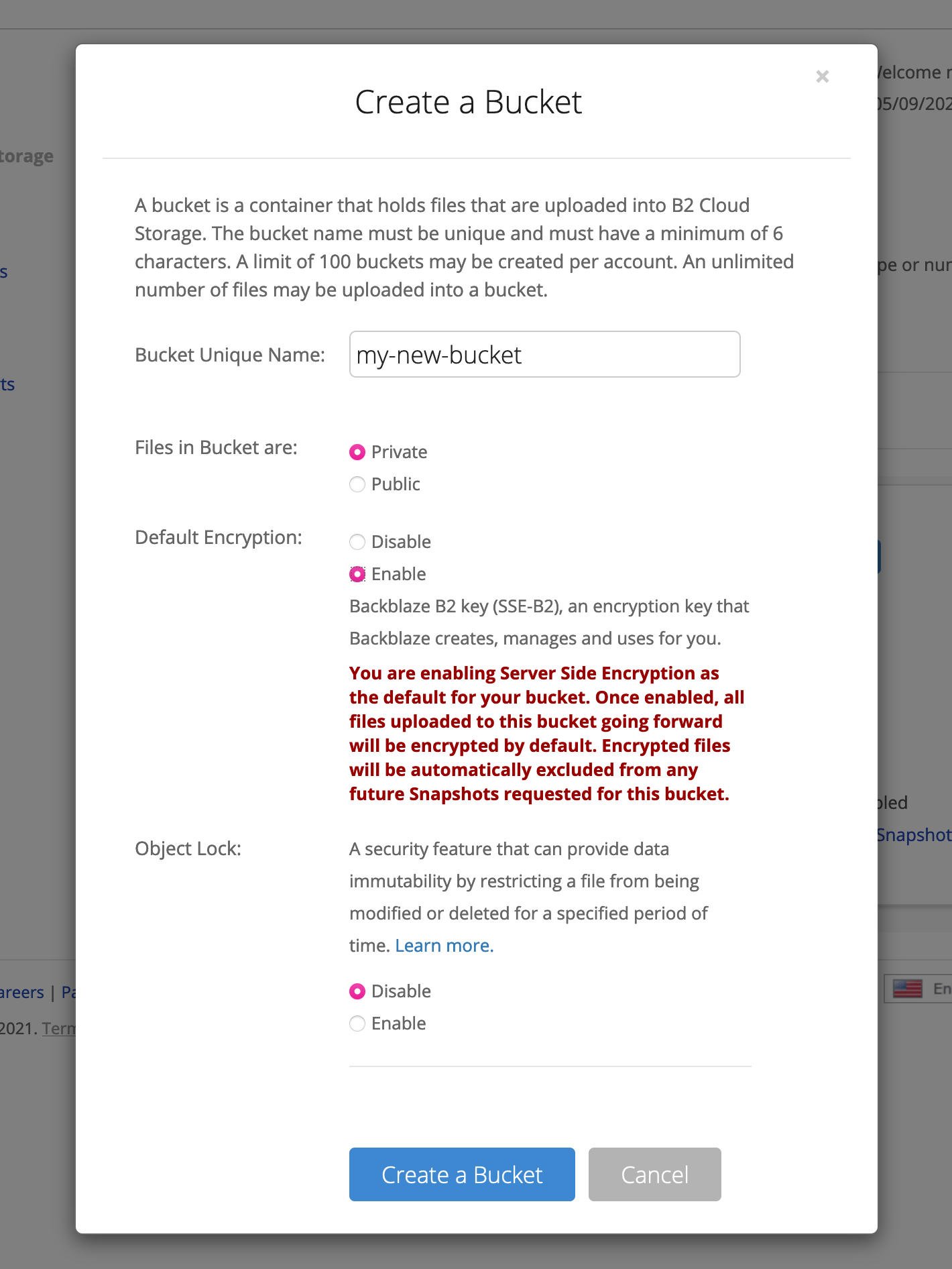 The "create bucket" interface