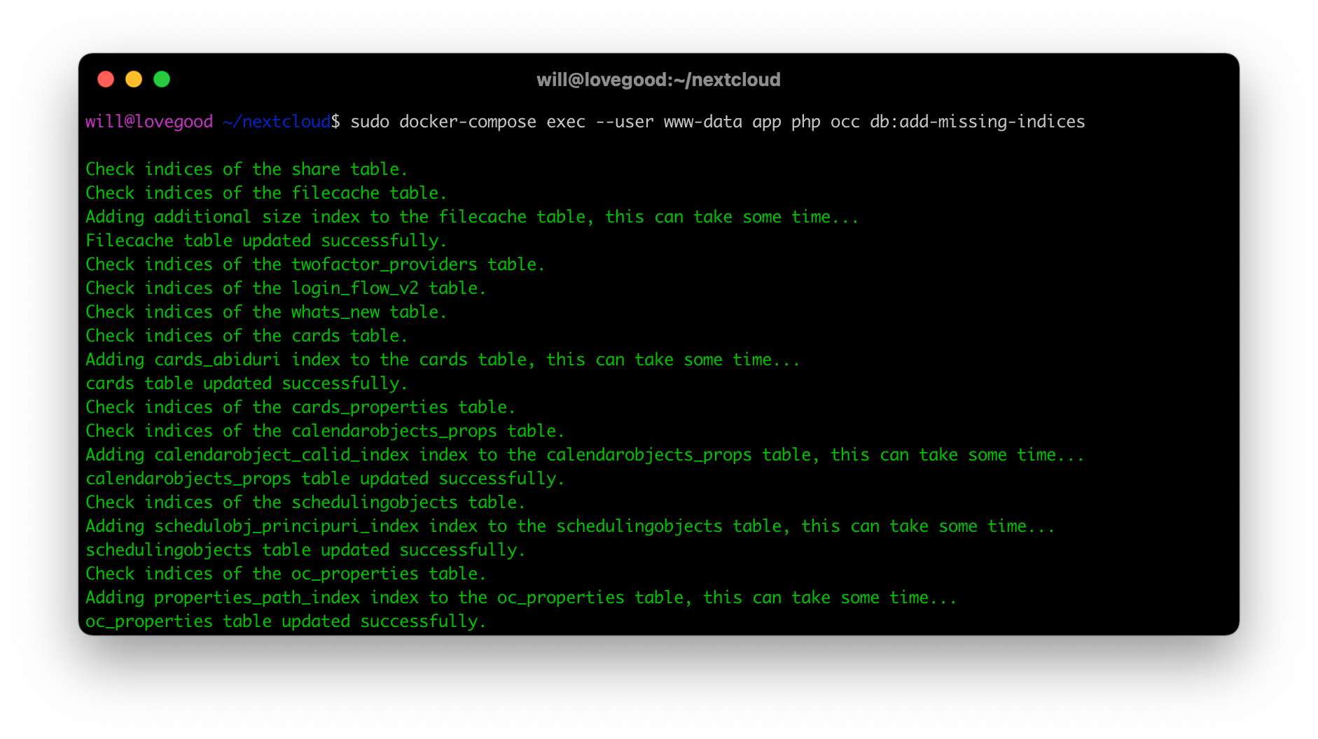 Result of running `occ` via `docker-compose exec`